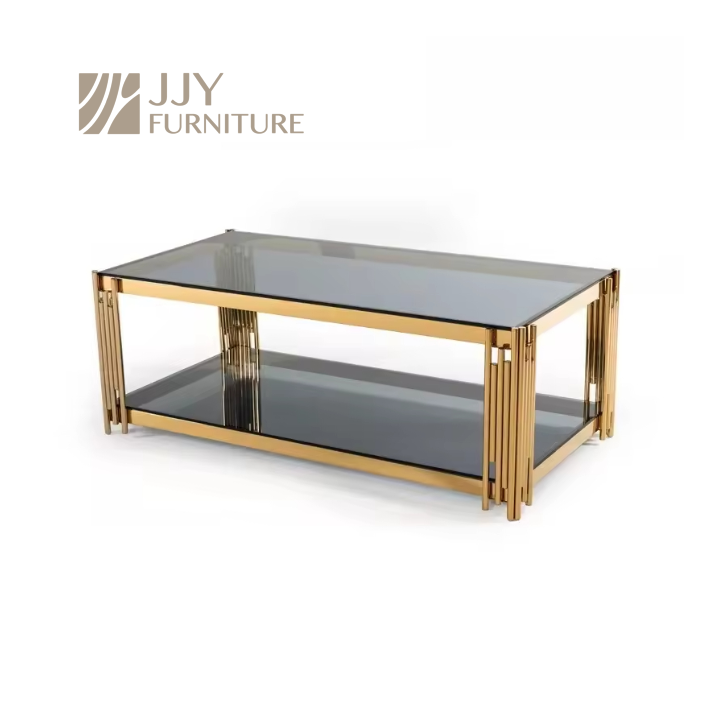 Gold Frame 2-Tier Coffee Table – Luxury Glass Top with Multiple Finishes