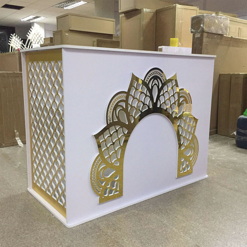 Gold Carved Luxury Event Bar – Custom Pattern Glass Top