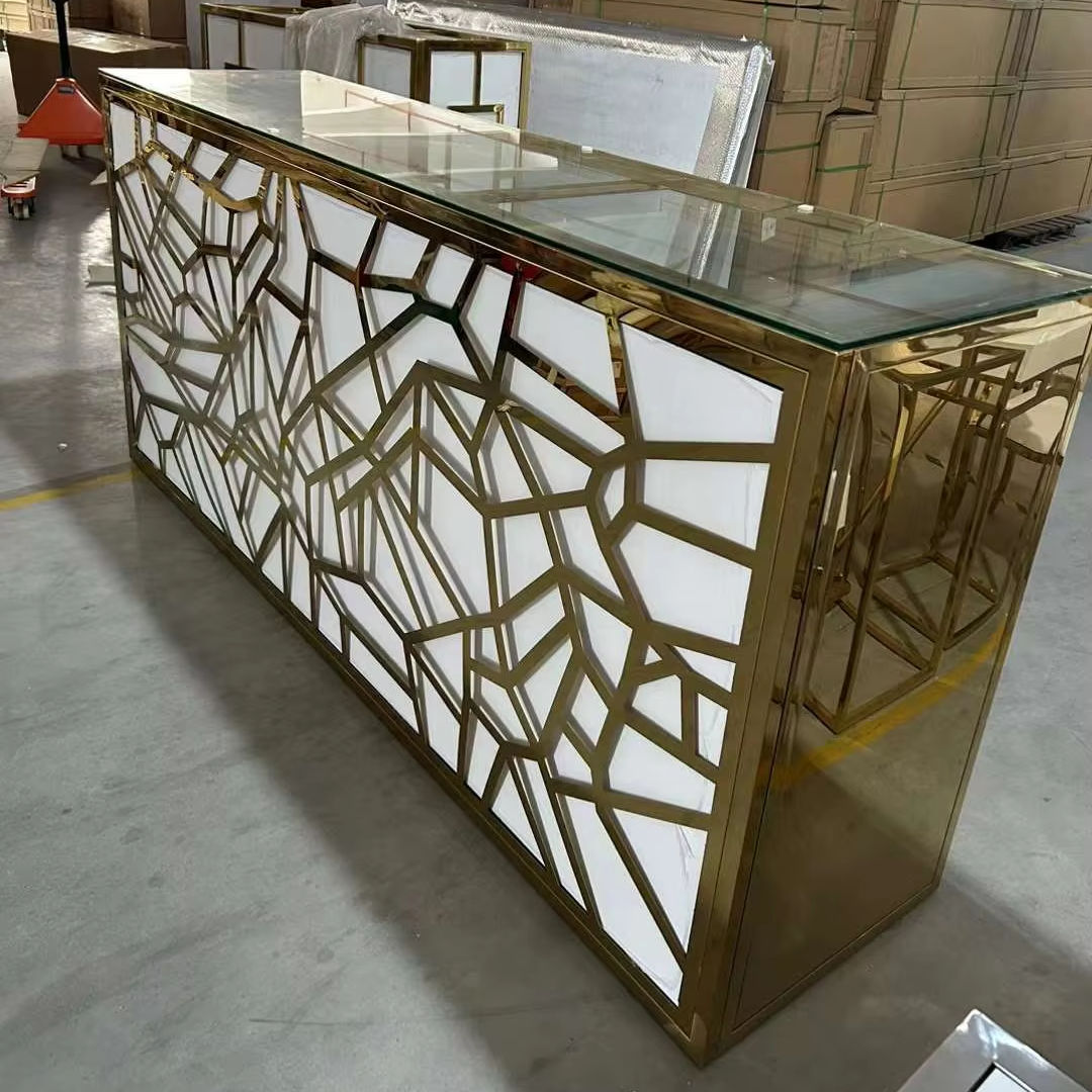 Gold Carved Luxury Event Bar – Custom Pattern Glass Top
