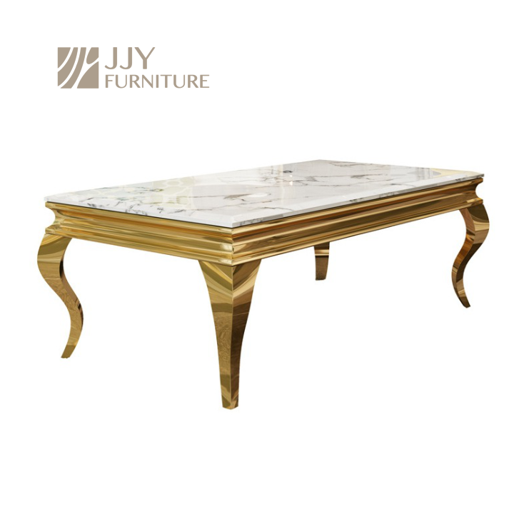 Marble Top Gold Coffee Table – Luxury Metal Frame with Curved Legs