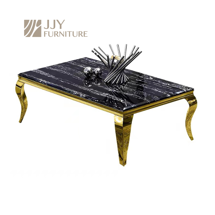 Marble Top Gold Coffee Table – Luxury Metal Frame with Curved Legs