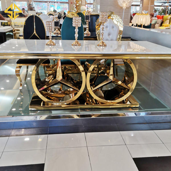 Marble Top Dining Table – Luxury Metal Ring Base with Multiple Finishes