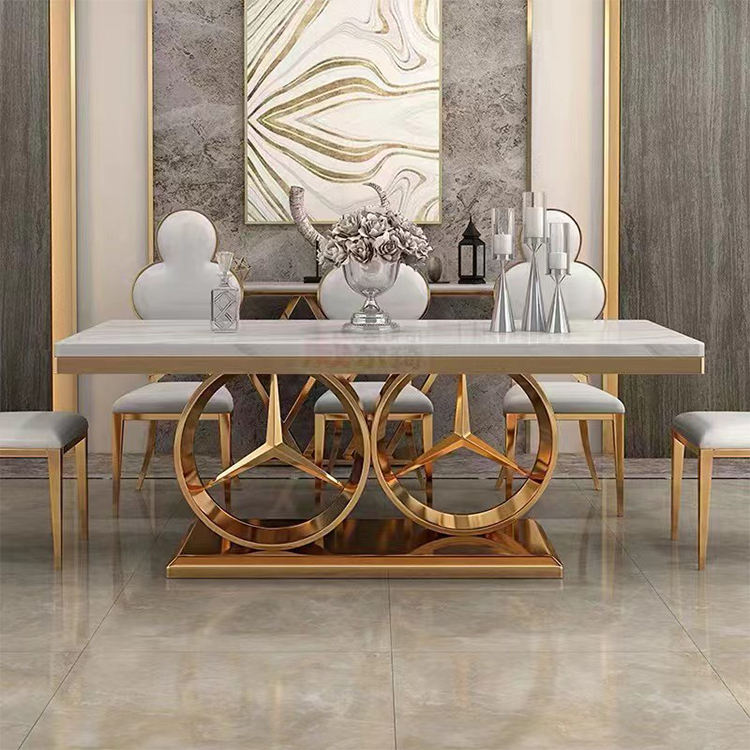Marble Top Dining Table – Luxury Metal Ring Base with Multiple Finishes